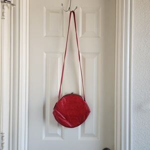 Vintage Cherry Red Lock Closure Hand Bag Genuine Leather Purse
